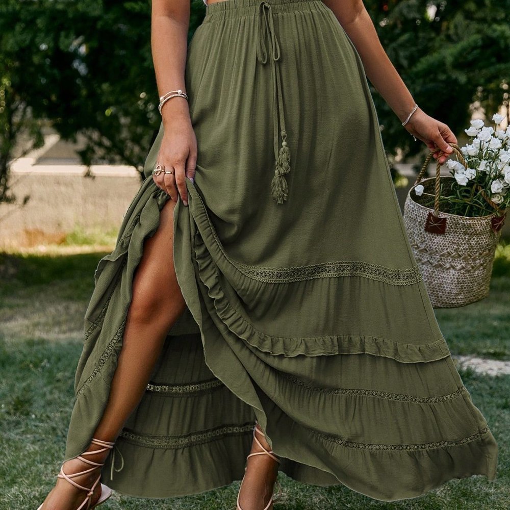 Green Boho Womens Tie Waist Ruffle Hem Skirt - Picture 3 of 5